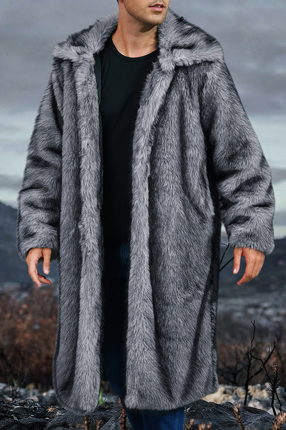 Manteau long pour homme en châle blanc à revers fausse fourrure - Image 11