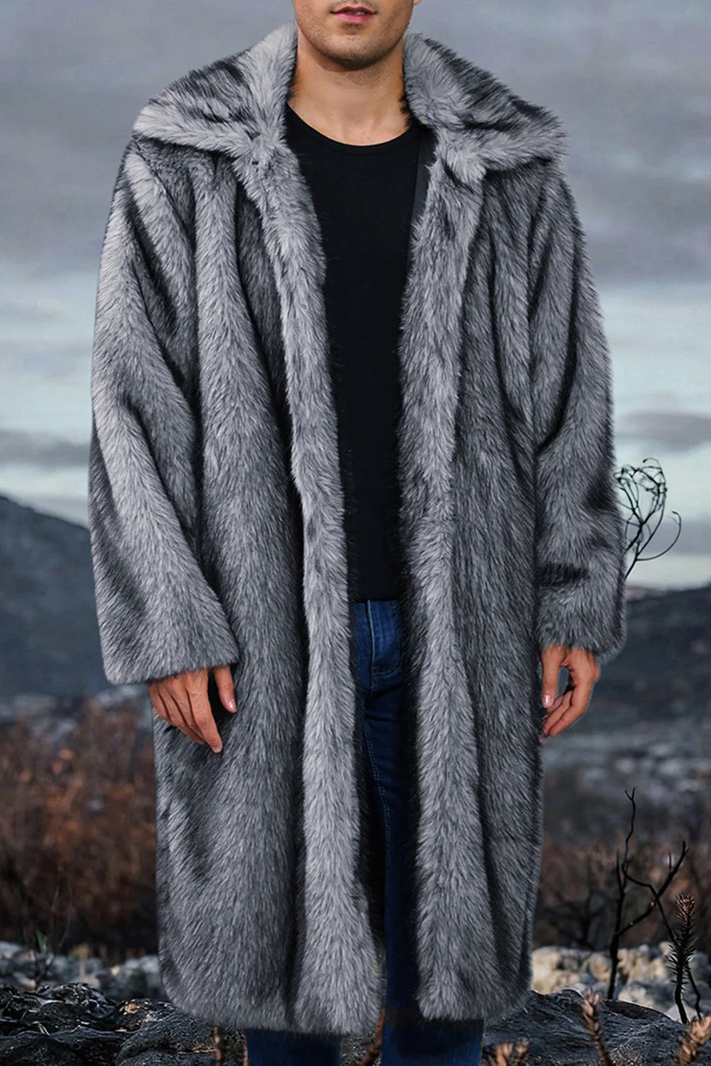 Manteau long pour homme en châle blanc à revers fausse fourrure - Image 12