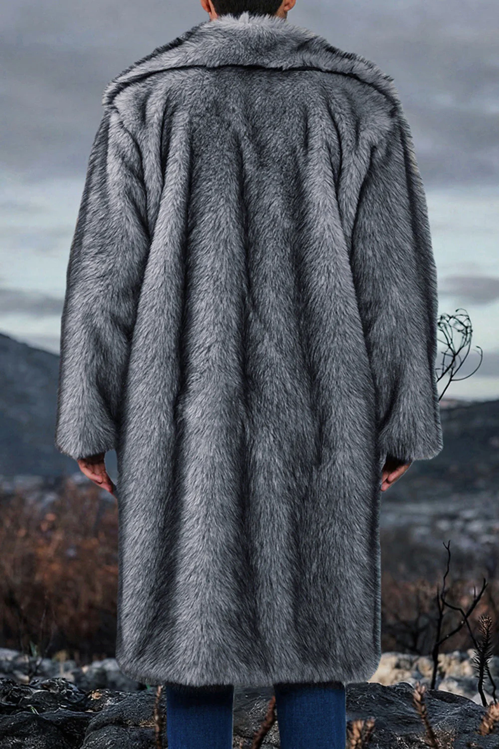 Manteau long pour homme en châle blanc à revers fausse fourrure - Image 13