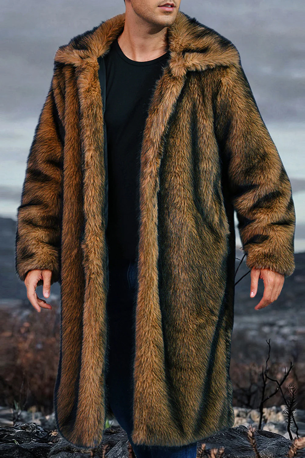 Manteau long pour homme en châle blanc à revers fausse fourrure - Image 16