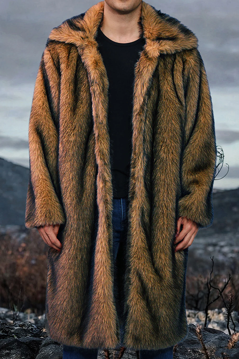 Manteau long pour homme en châle blanc à revers fausse fourrure - Image 17