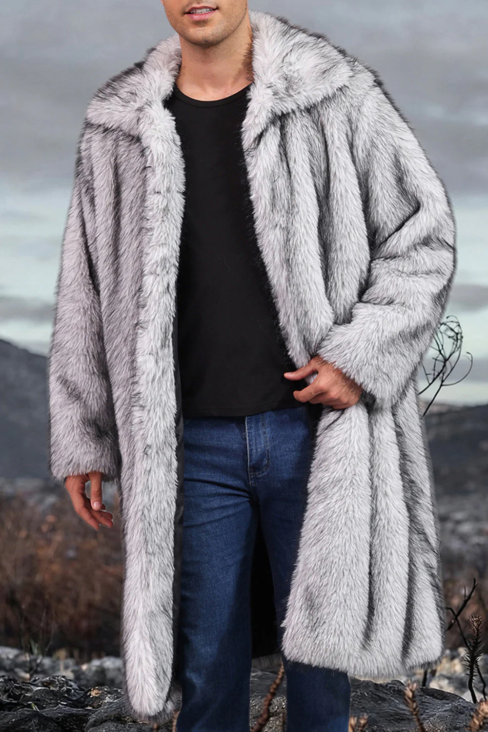 Manteau long pour homme en châle blanc à revers fausse fourrure - Image 3