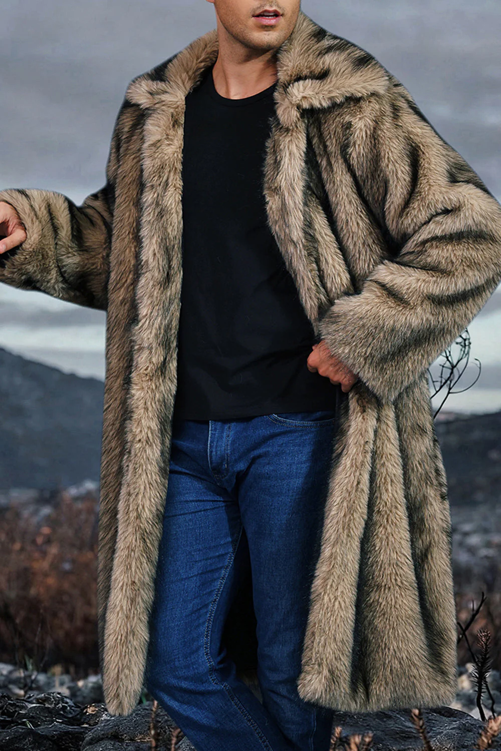 Manteau long pour homme en châle blanc à revers fausse fourrure - Image 7