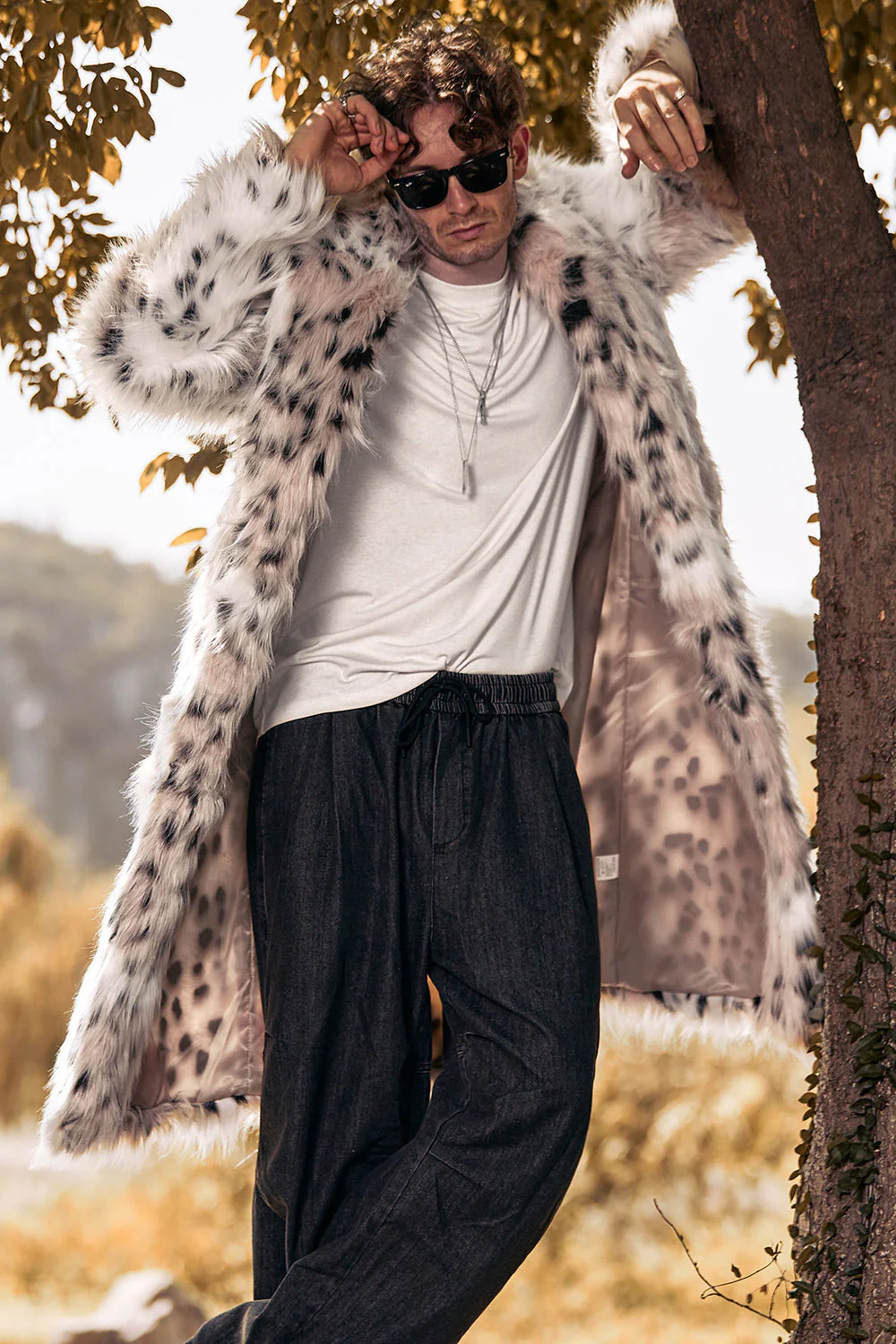Manteau mi-long blanc à manches longues en fausse fourrure imprimé léopard pour homme - Image 4