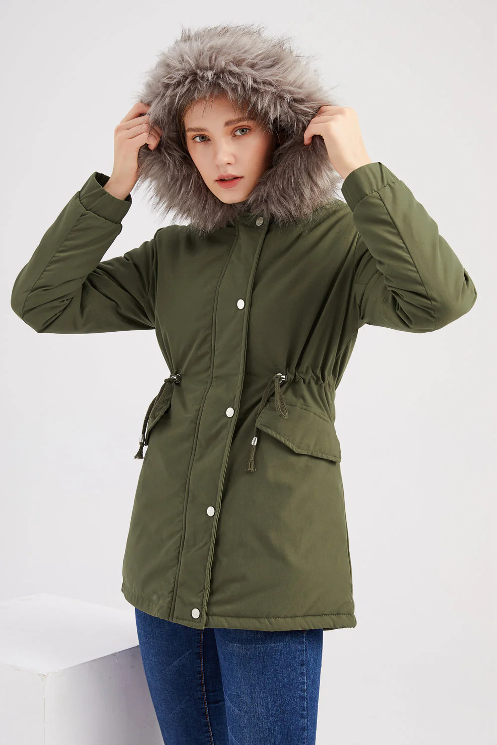 Manteau mi-long en molleton d’hiver chaud plus à capuche vert armée