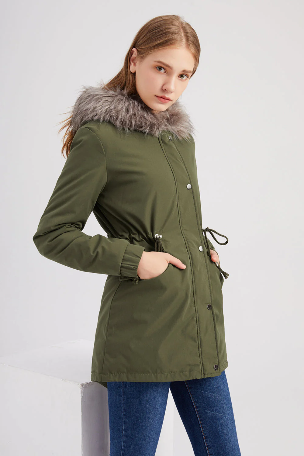Manteau mi-long en molleton d’hiver chaud plus à capuche vert armée - Image 3