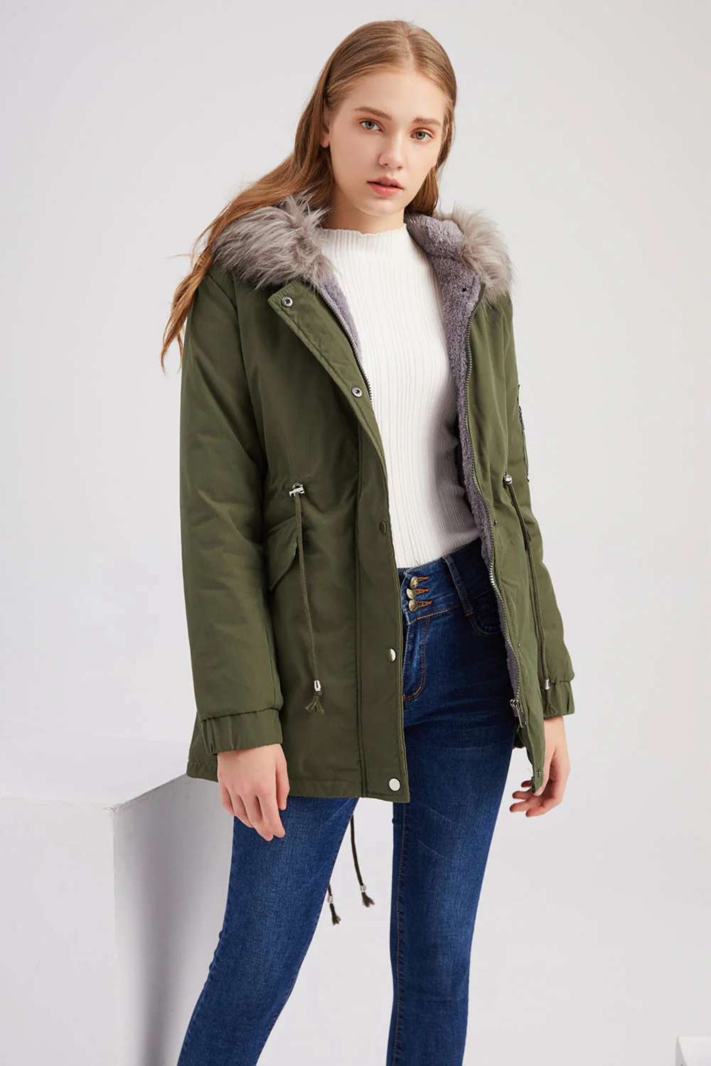 Manteau mi-long en molleton d’hiver chaud plus à capuche vert armée - Image 4