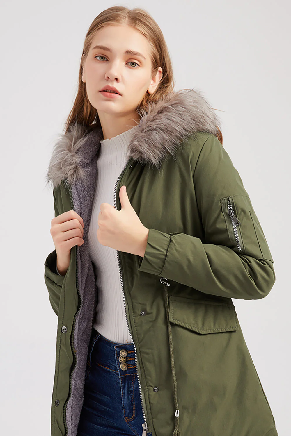Manteau mi-long en molleton d’hiver chaud plus à capuche vert armée - Image 5