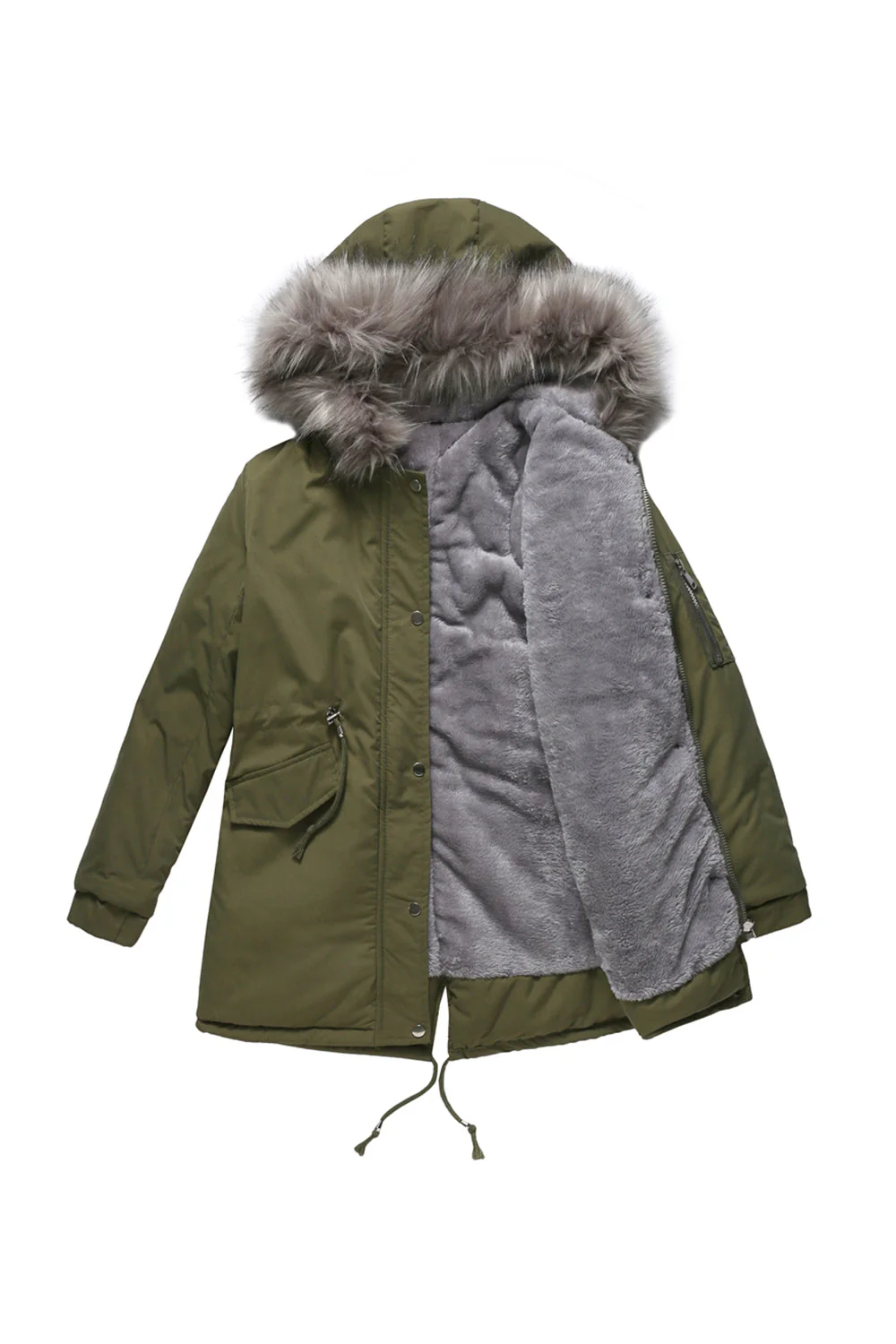 Manteau mi-long en molleton d’hiver chaud plus à capuche vert armée - Image 6
