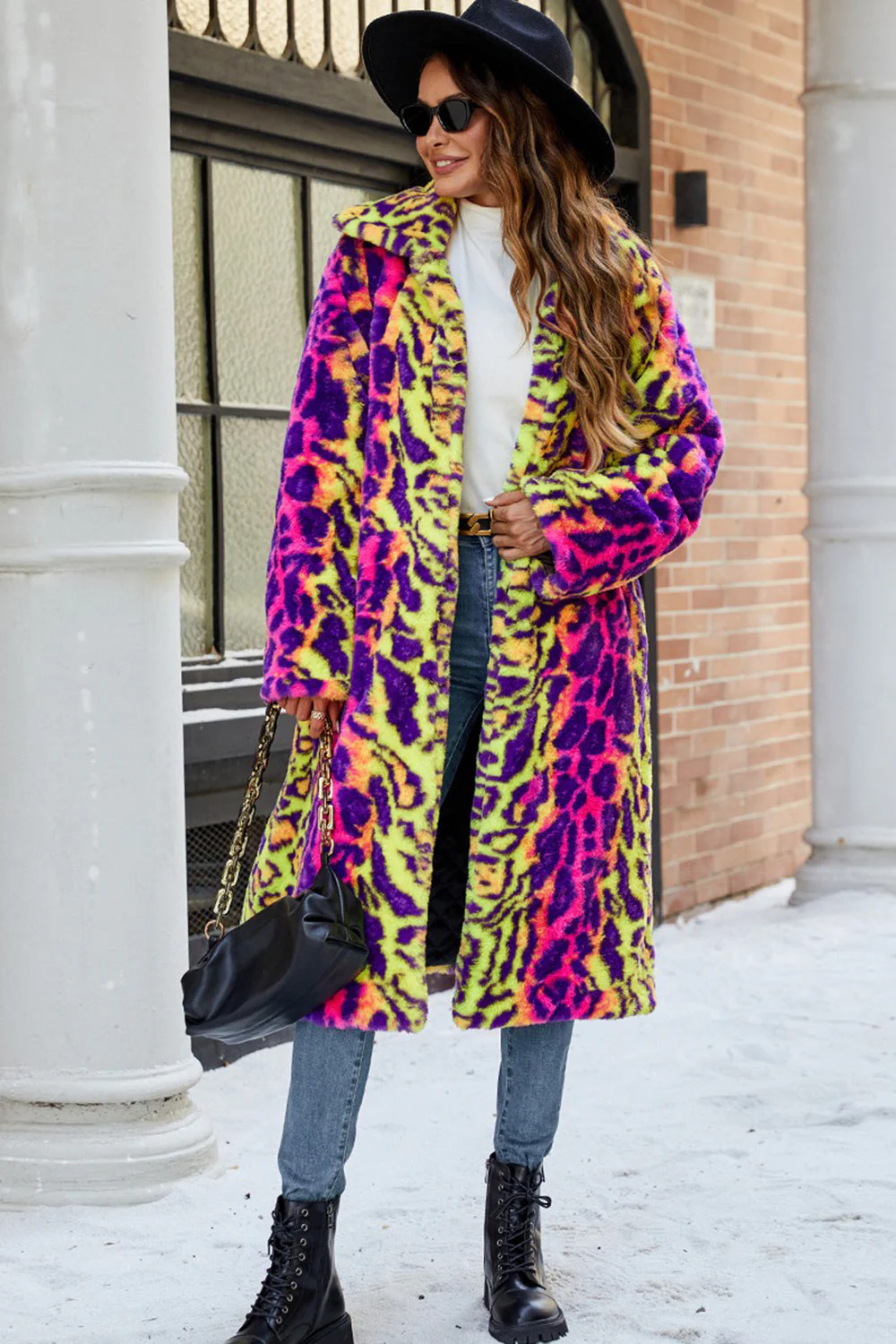 Manteau midi pour femmes en châle en fausse fourrure jaune - Image 3