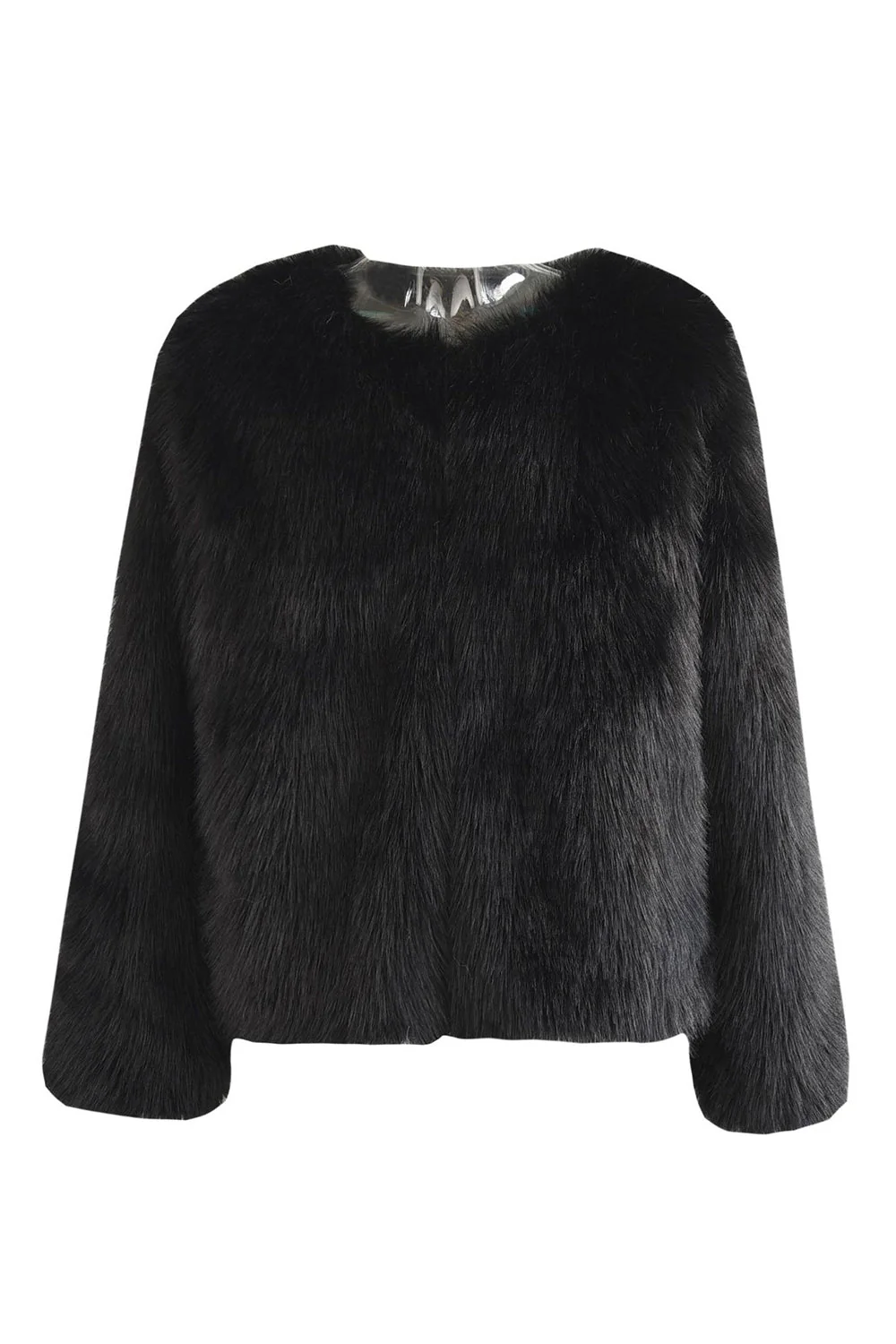 Manteau noir moelleux col rond en fausse fourrure à manches longues