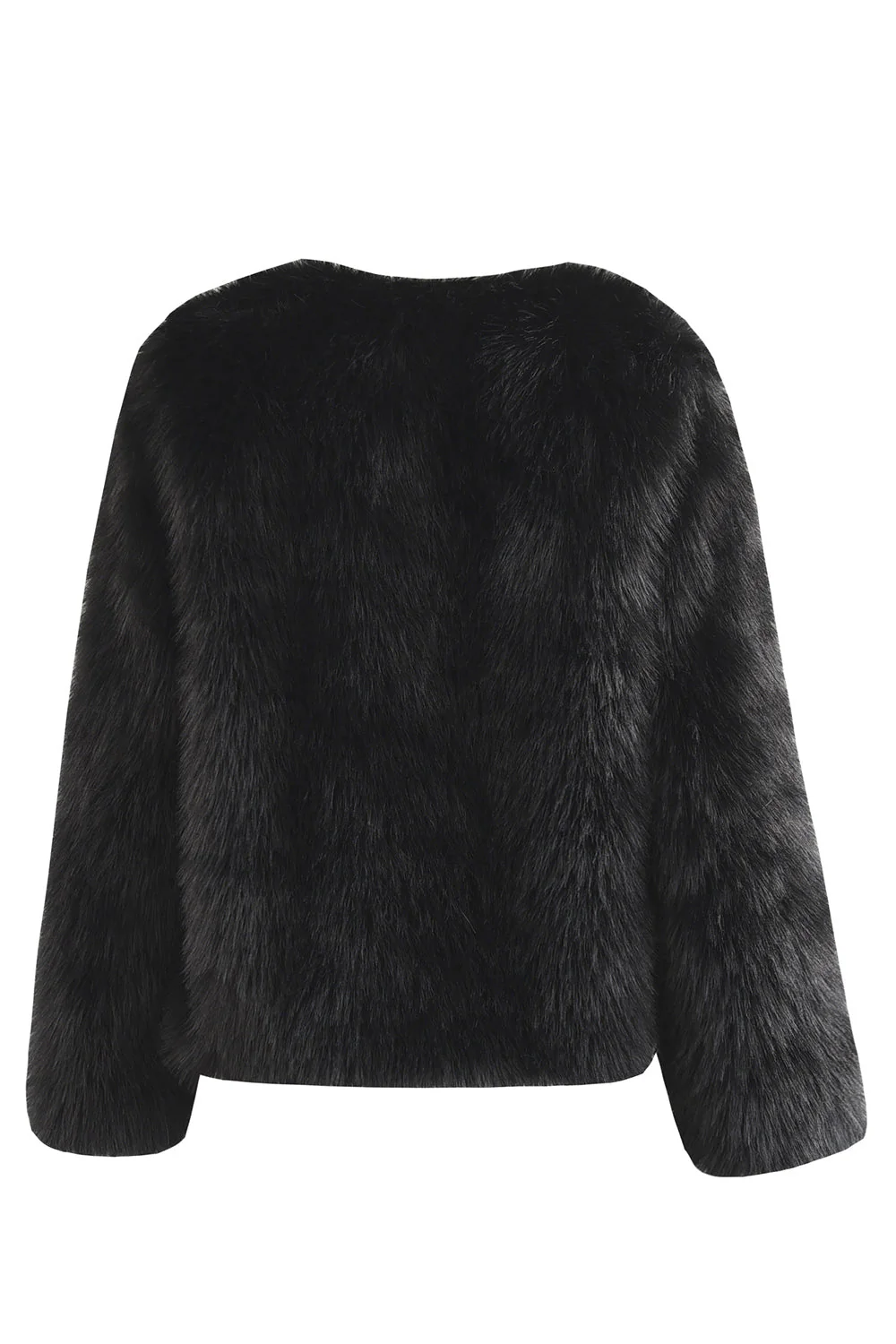 Manteau noir moelleux col rond en fausse fourrure à manches longues - Image 2