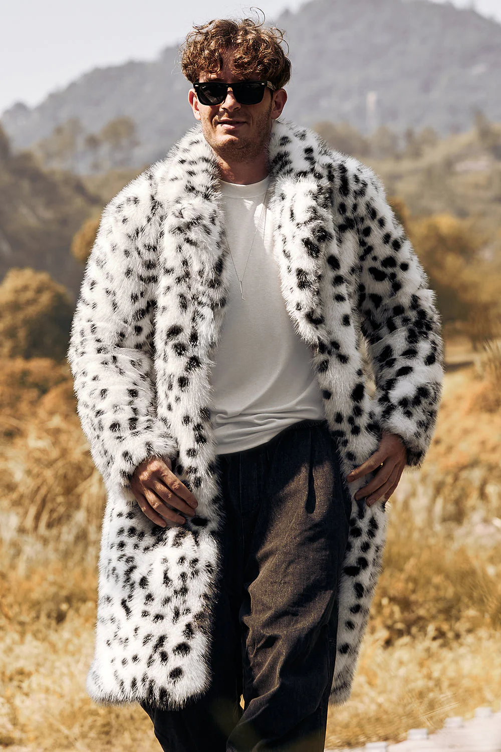 Manteau pour homme blanc noir à imprimé léopard à col mi-long imprimé fausse fourrure - Image 4