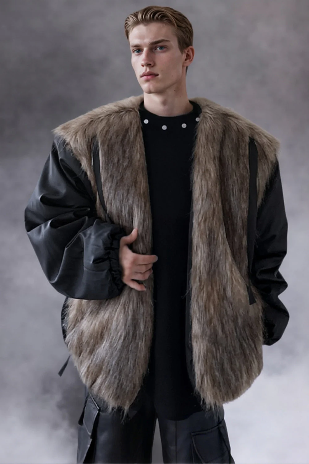 Manteau réversible en fausse fourrure café pour homme