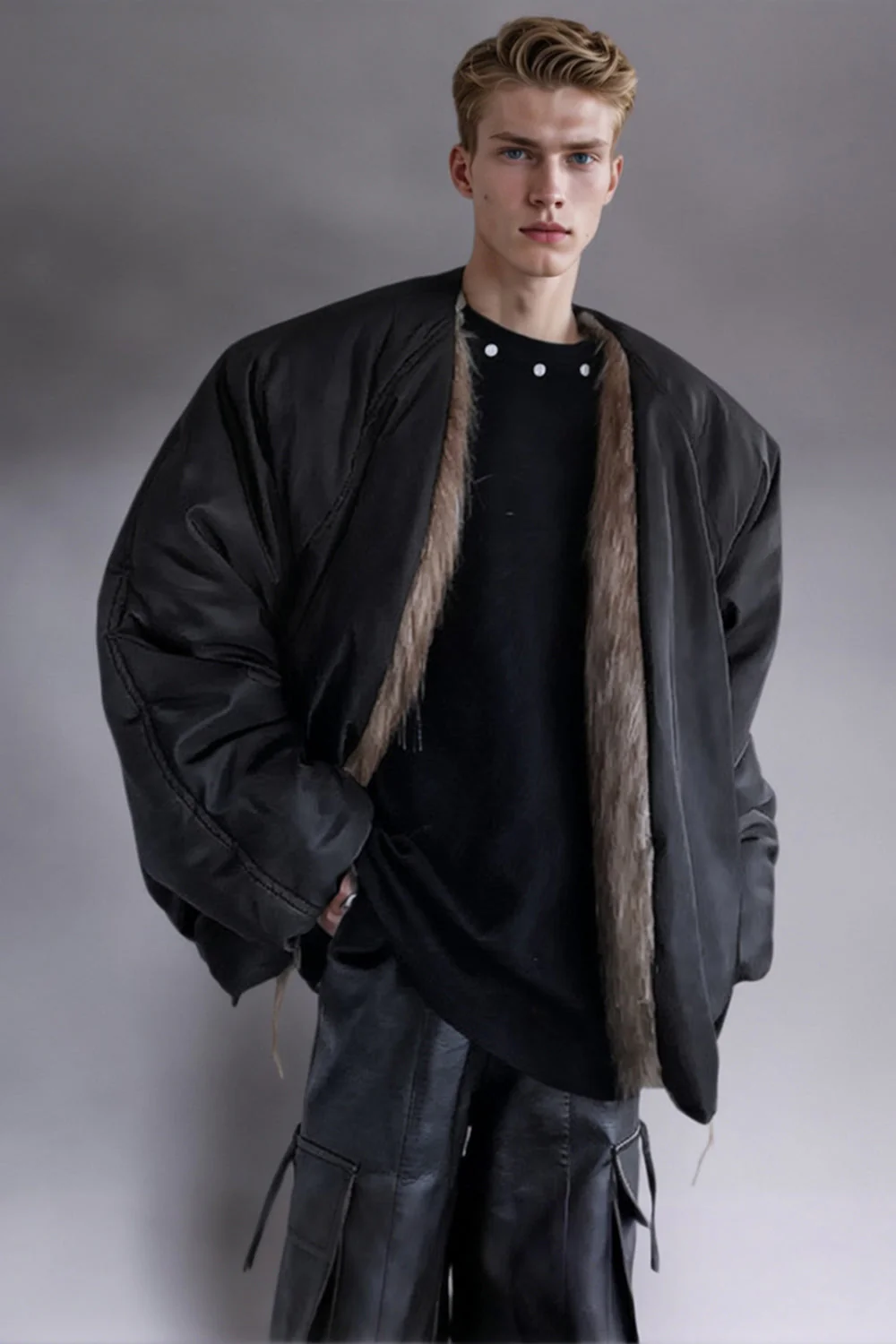 Manteau réversible en fausse fourrure café pour homme - Image 2