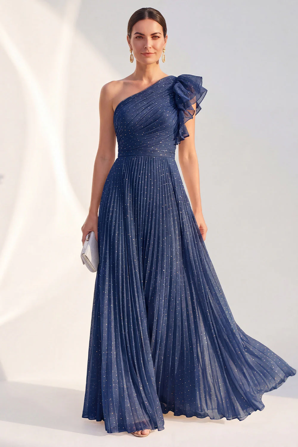 Marine A-line, une épaule, plissée et à volants, robe longue de mère de la mariée