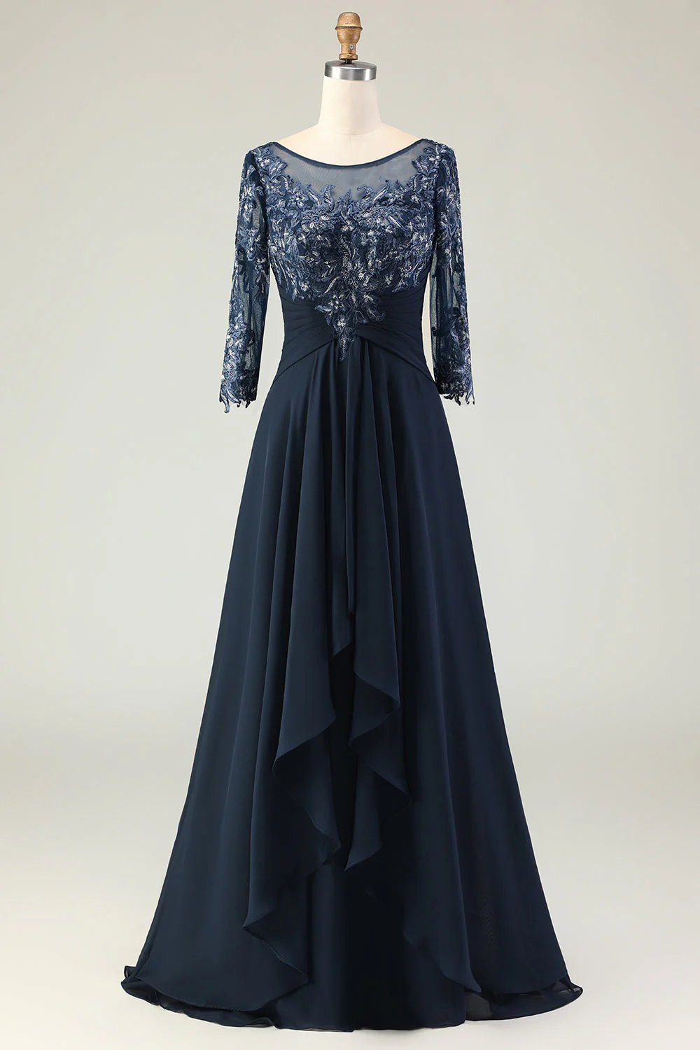 Marine Appliqué Une Ligne Longue Mère de la Mariée Robe Avec Manches