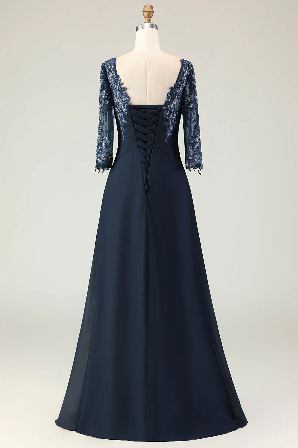 Marine Appliqué Une Ligne Longue Mère de la Mariée Robe Avec Manches - Image 2