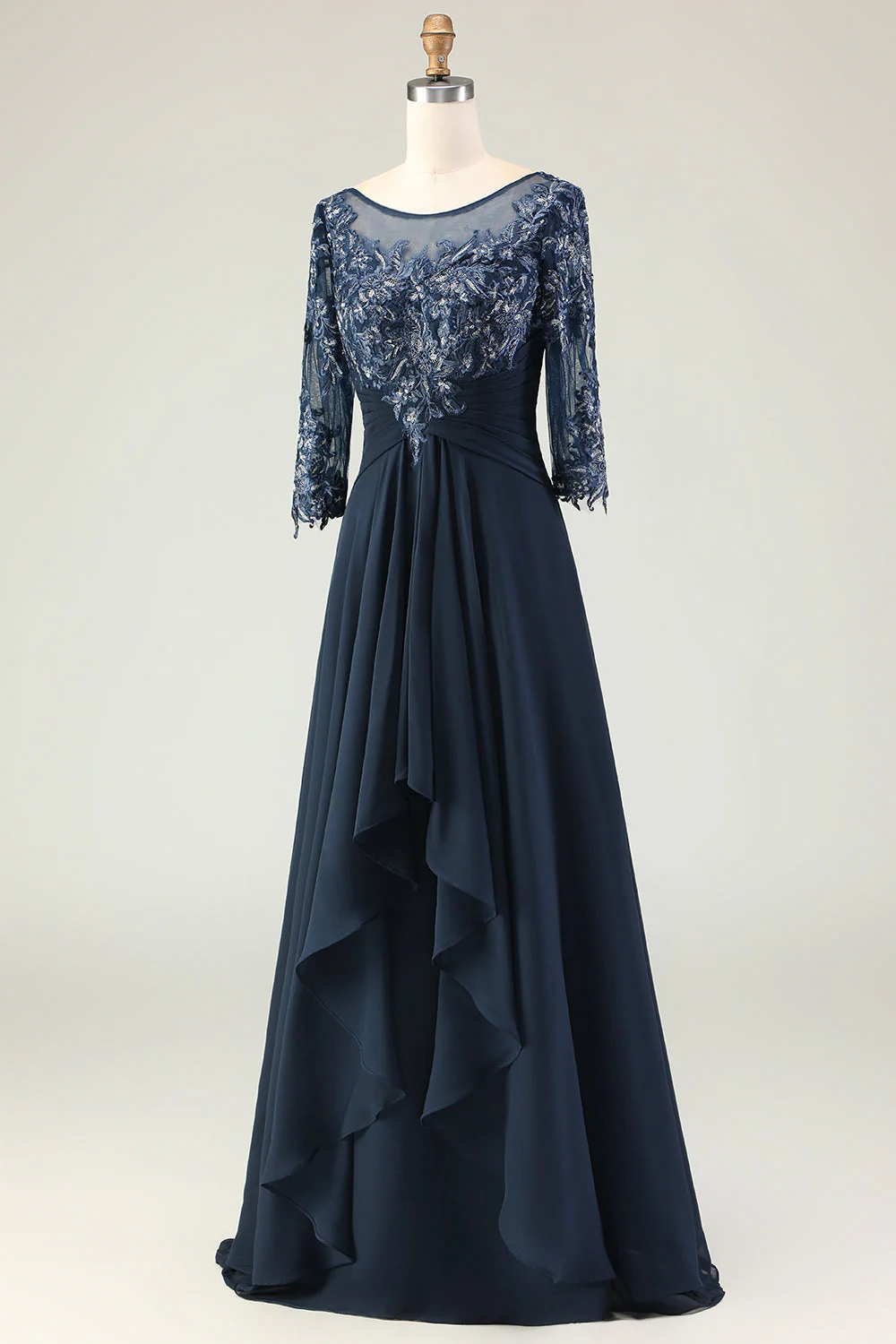Marine Appliqué Une Ligne Longue Mère de la Mariée Robe Avec Manches - Image 3