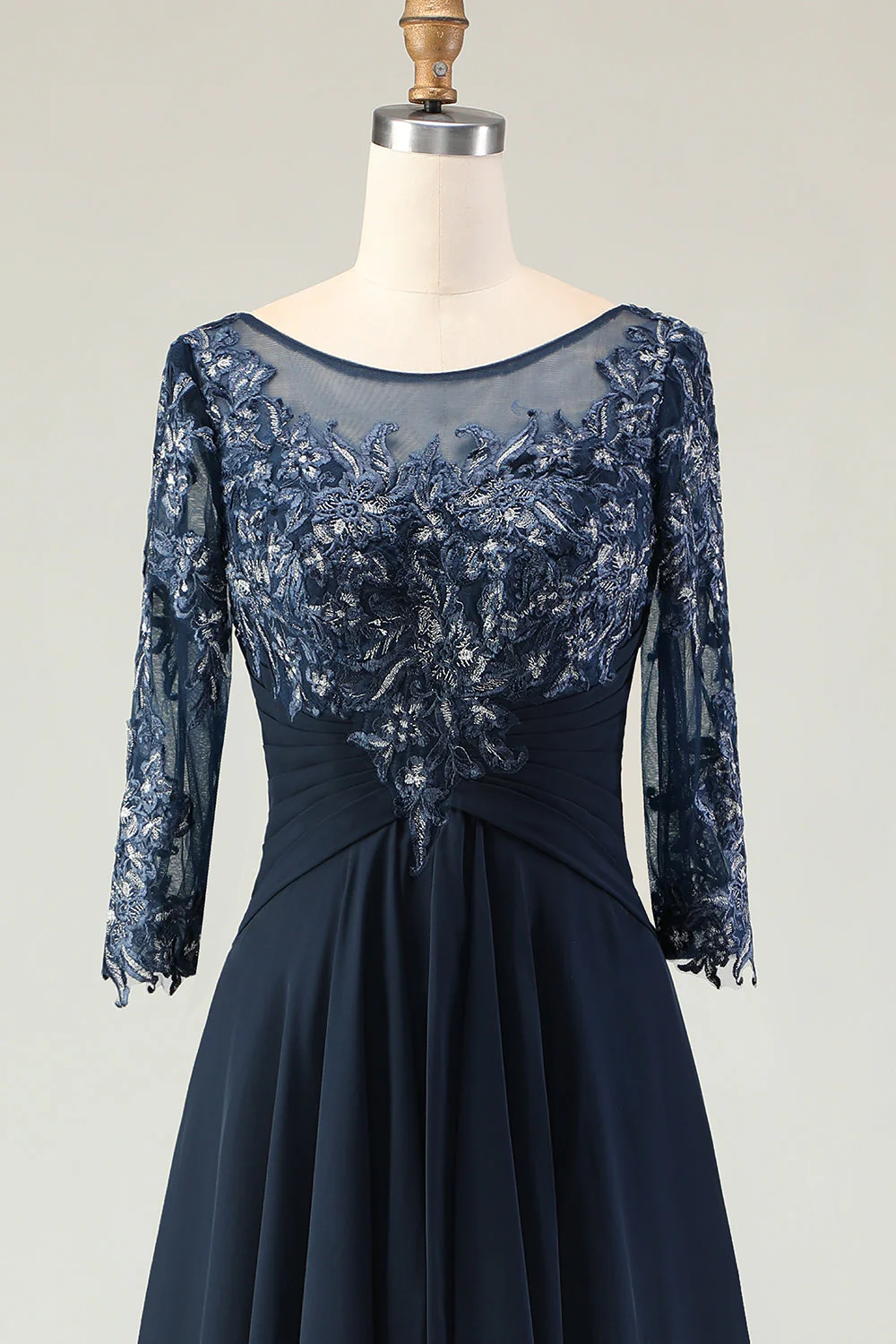 Marine Appliqué Une Ligne Longue Mère de la Mariée Robe Avec Manches - Image 4