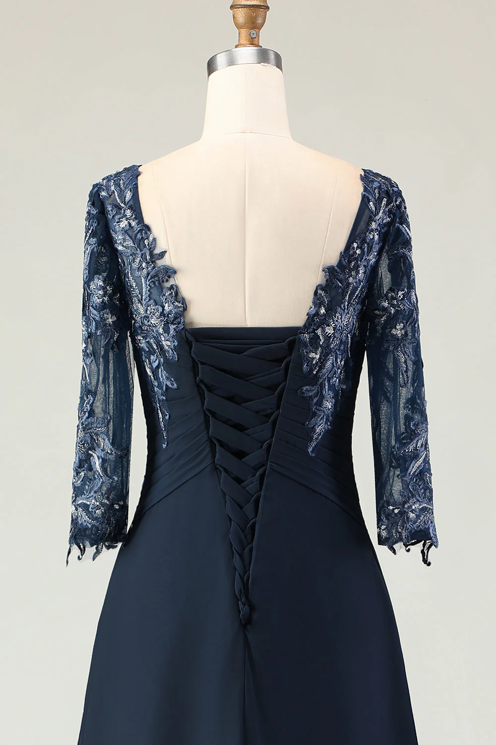 Marine Appliqué Une Ligne Longue Mère de la Mariée Robe Avec Manches - Image 5