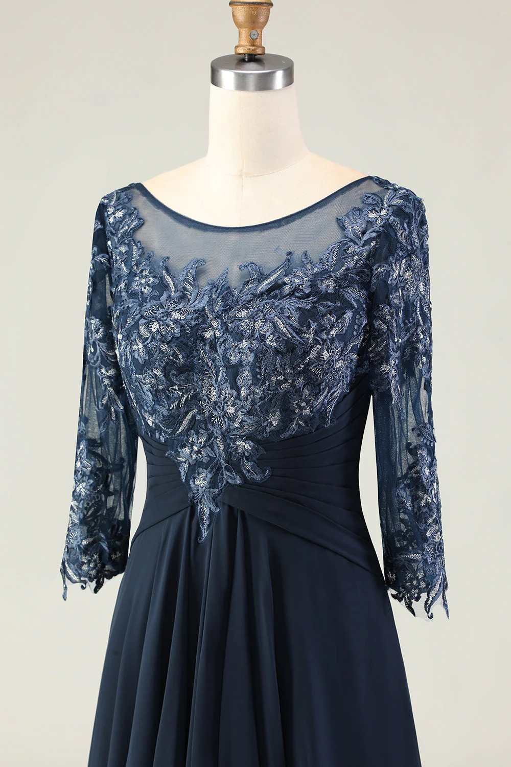 Marine Appliqué Une Ligne Longue Mère de la Mariée Robe Avec Manches - Image 6