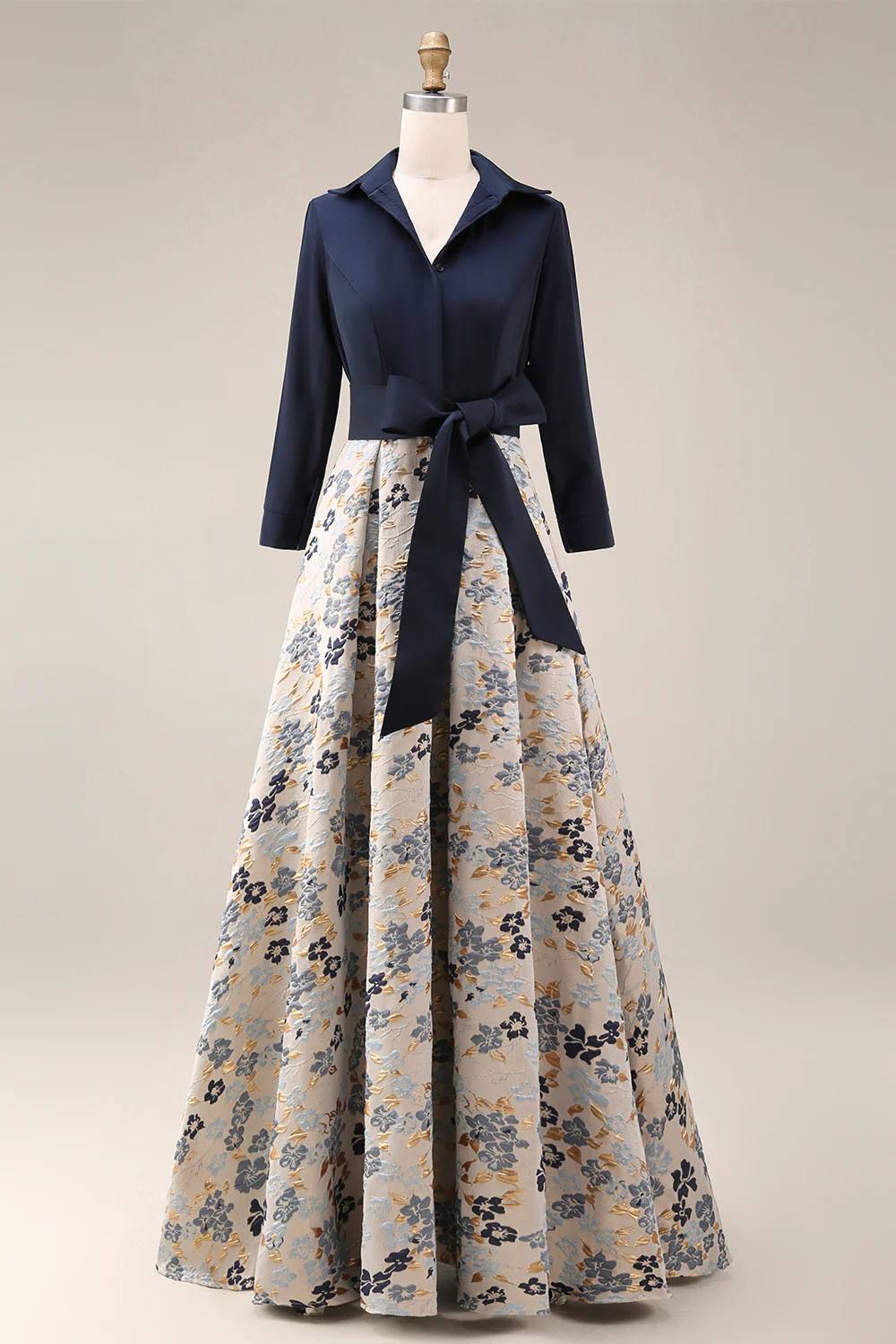 Marine Jacquard à manches 3/4 Longue robe de la mariée A-line avec nœud papillon - Image 3
