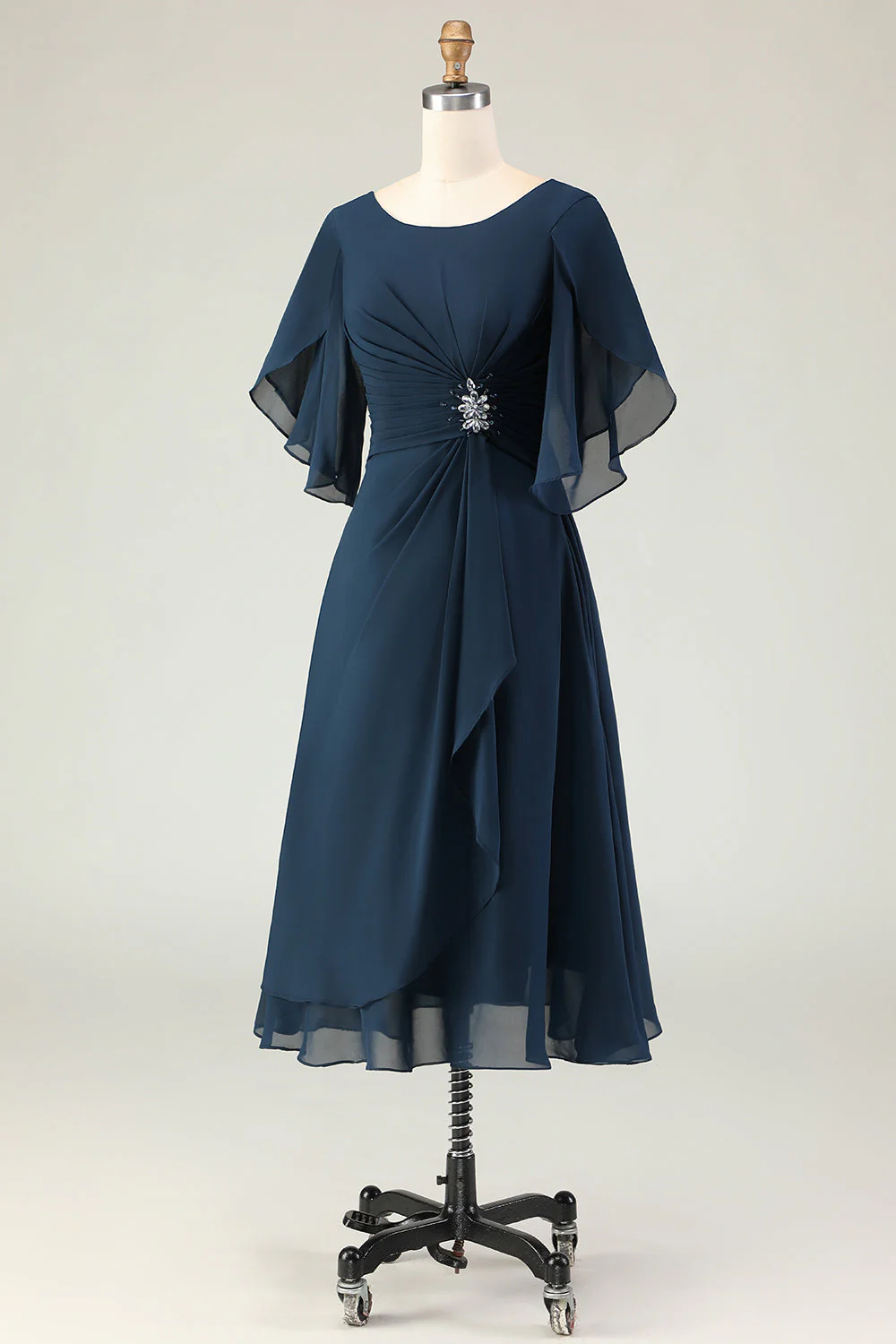 Marine Ruché Une Ligne Midi Mère de la Mariée Robe avec Strass - Image 3