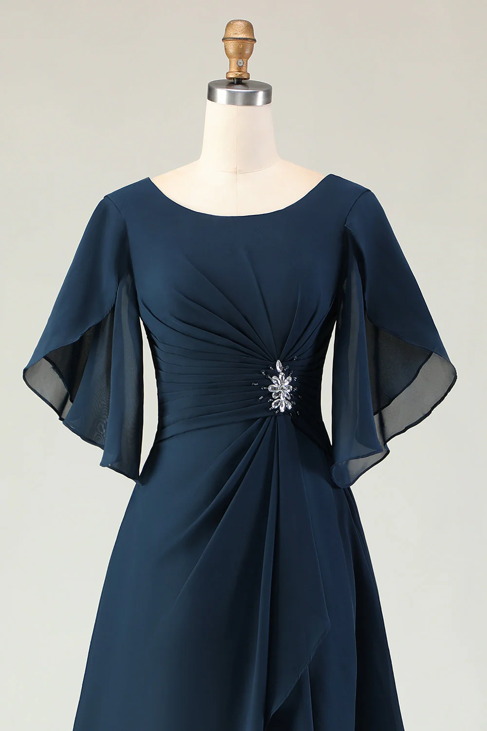 Marine Ruché Une Ligne Midi Mère de la Mariée Robe avec Strass - Image 4