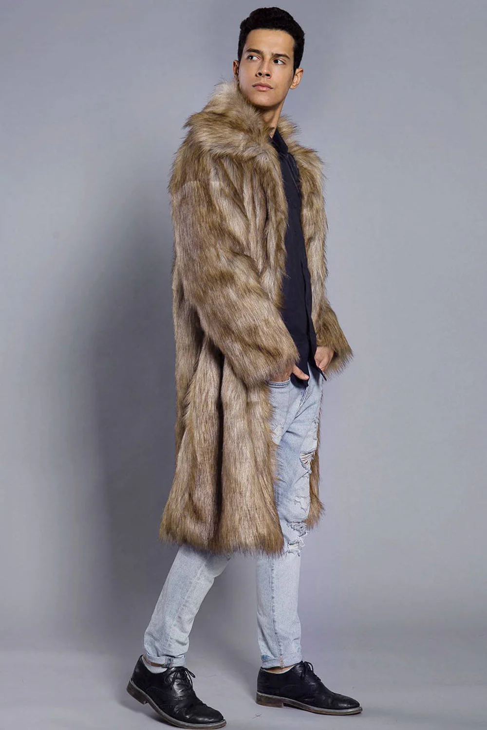 Marron Ouvert Sur Le Devant Fausse Fourrure Long Hommes Manteau - Image 3