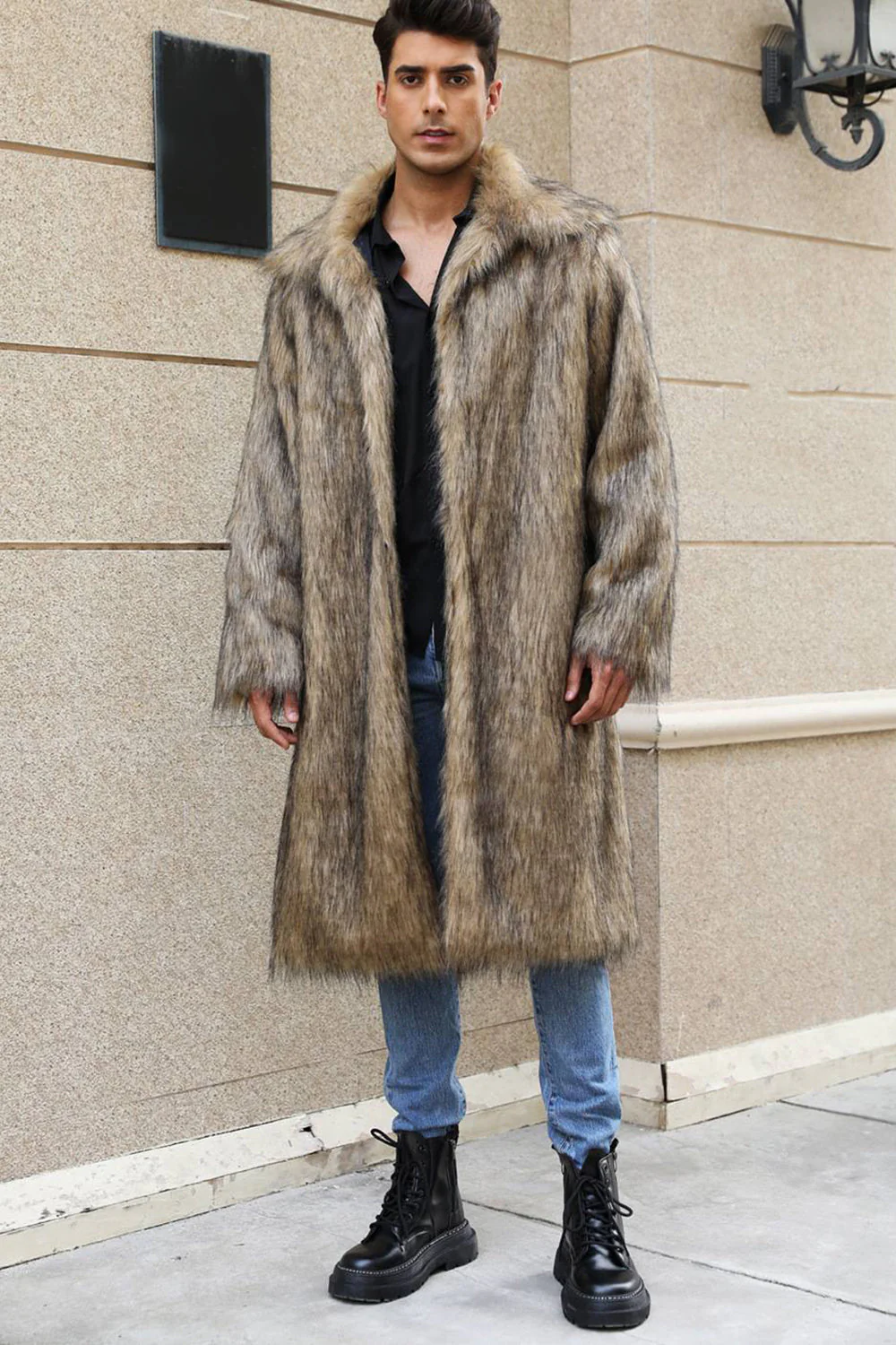 Marron Ouvert Sur Le Devant Fausse Fourrure Long Hommes Manteau - Image 4