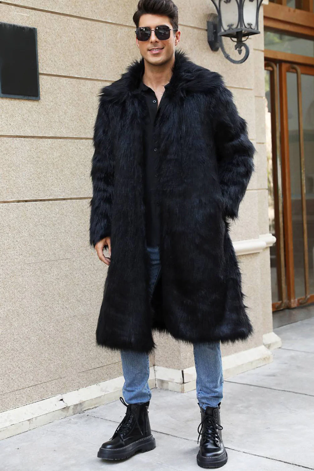 Marron Ouvert Sur Le Devant Fausse Fourrure Long Hommes Manteau - Image 5