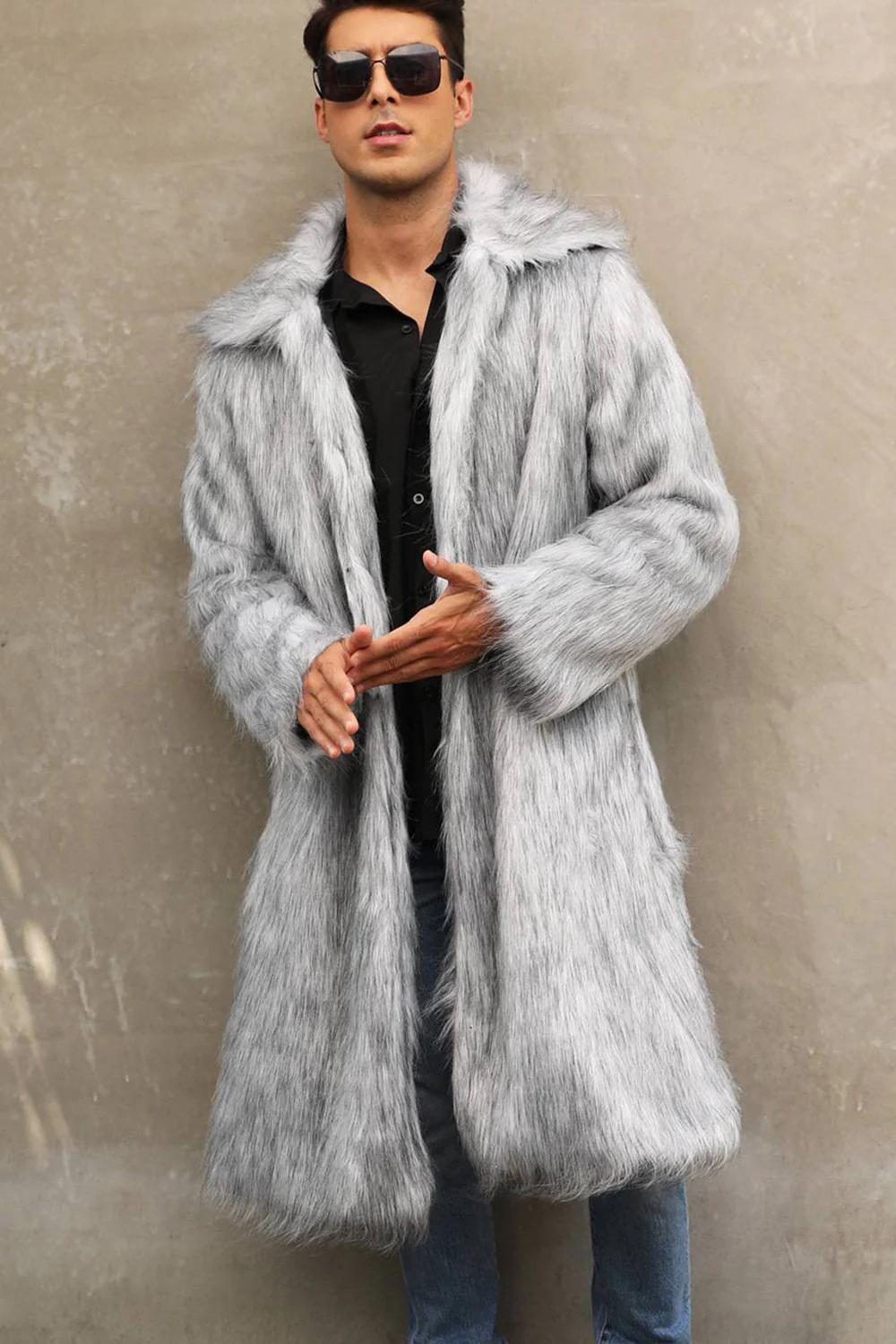 Marron Ouvert Sur Le Devant Fausse Fourrure Long Hommes Manteau - Image 7