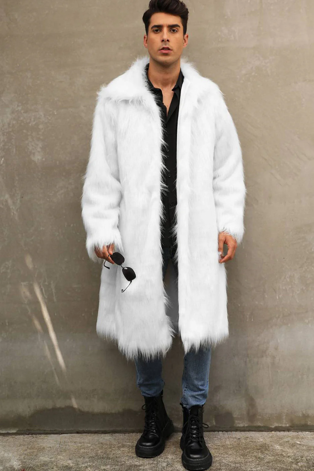 Marron Ouvert Sur Le Devant Fausse Fourrure Long Hommes Manteau - Image 9