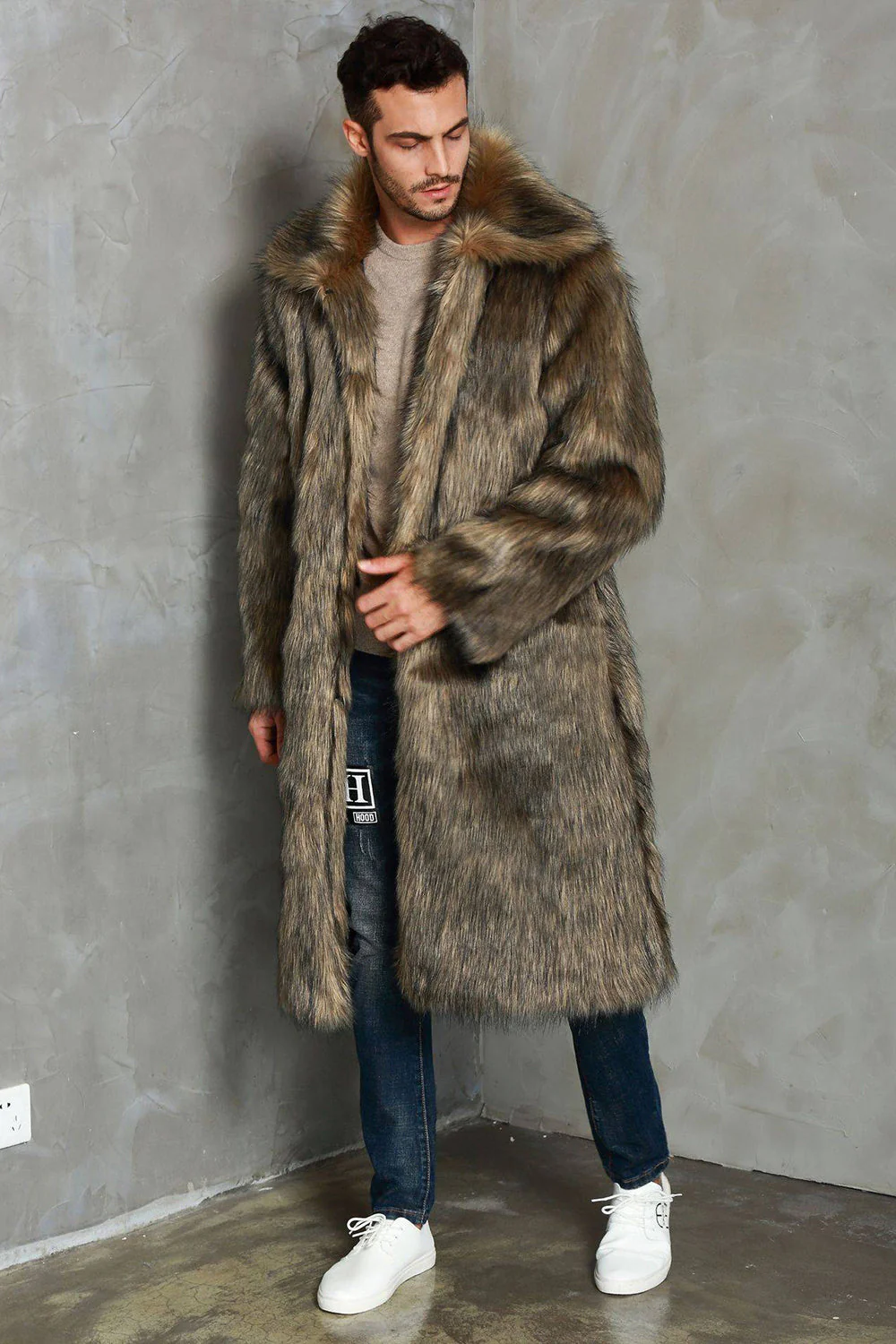 Marron Revers Cou Long Fausse Fourrure Hommes Manteau - Image 3