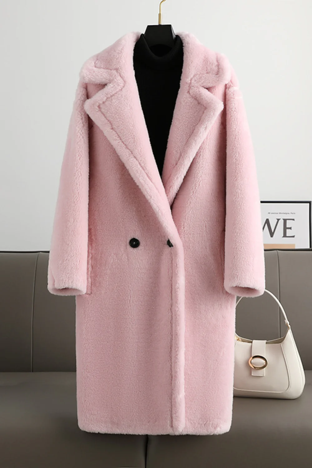 Manteau long en laine teddy marron à revers entonné - Image 10