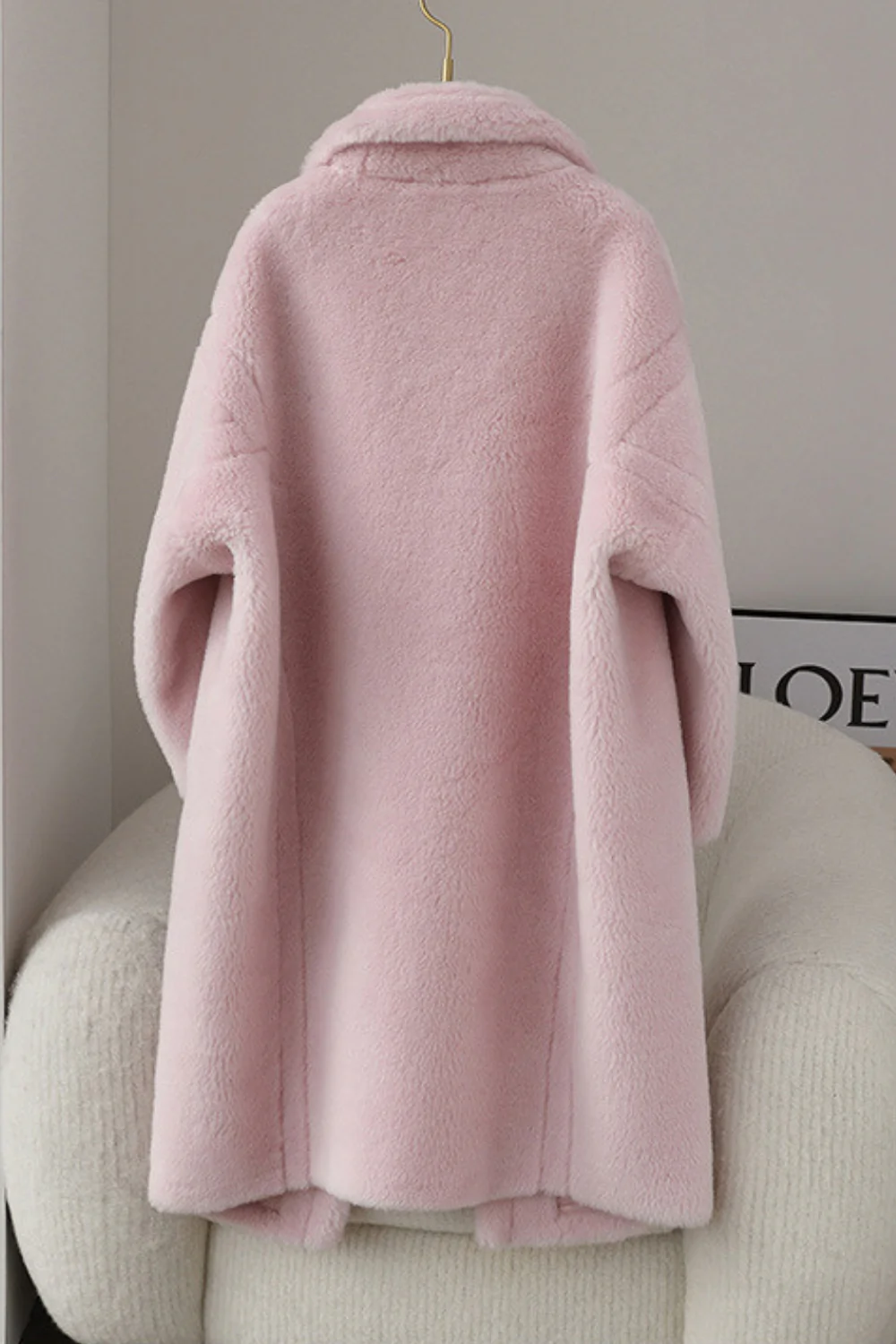 Manteau long en laine teddy marron à revers entonné - Image 11