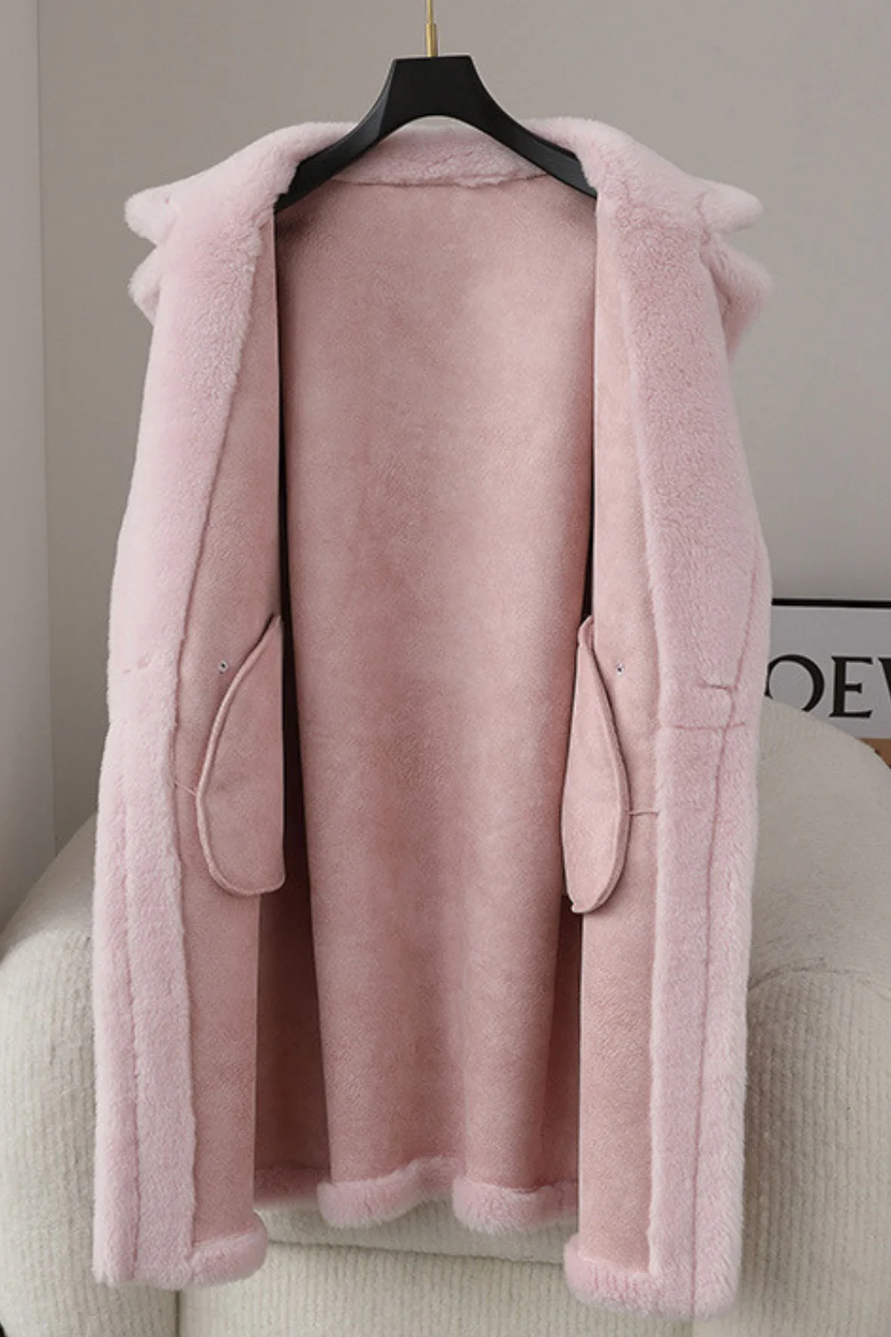 Manteau long en laine teddy marron à revers entonné - Image 12