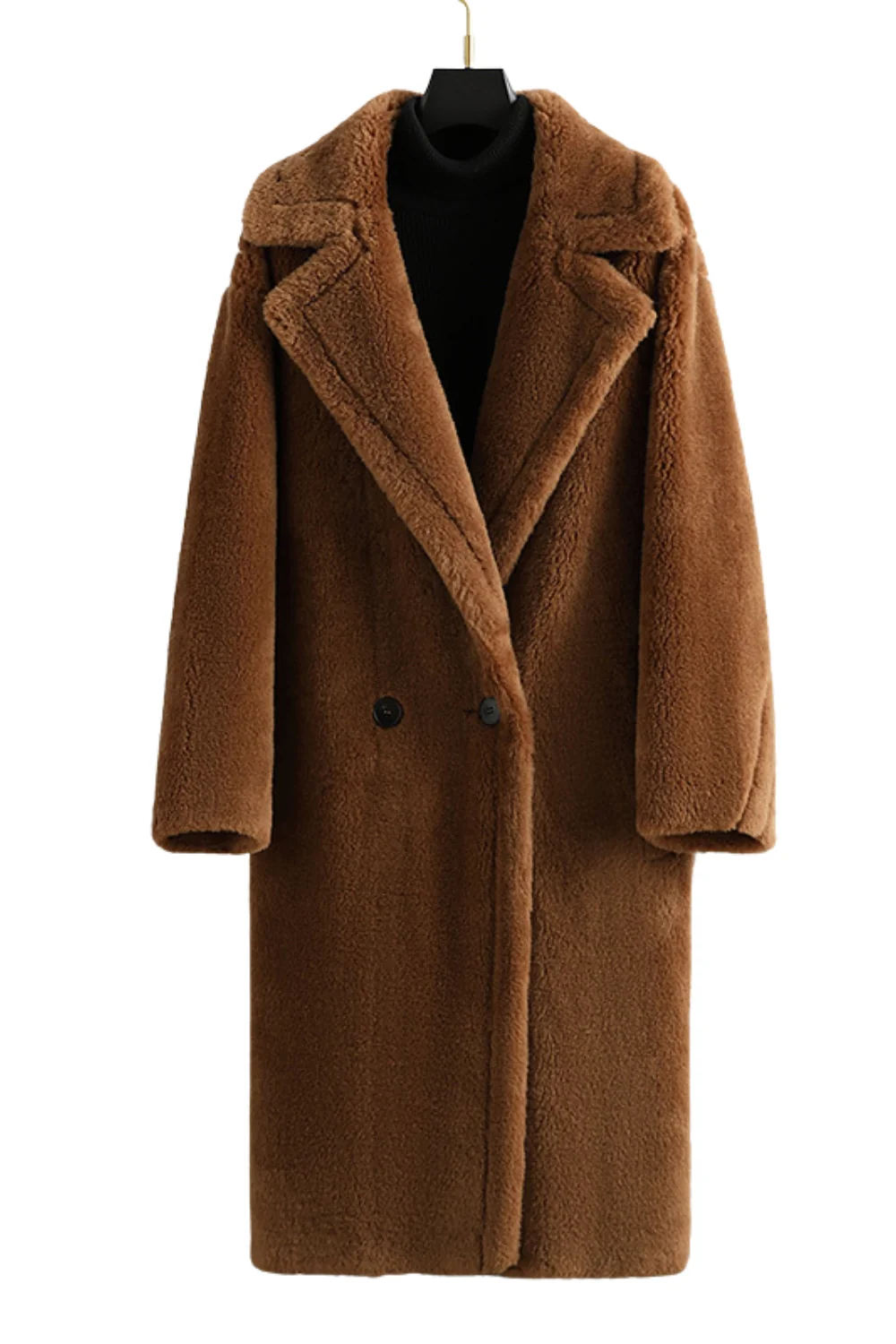 Manteau long en laine teddy marron à revers entonné - Image 2