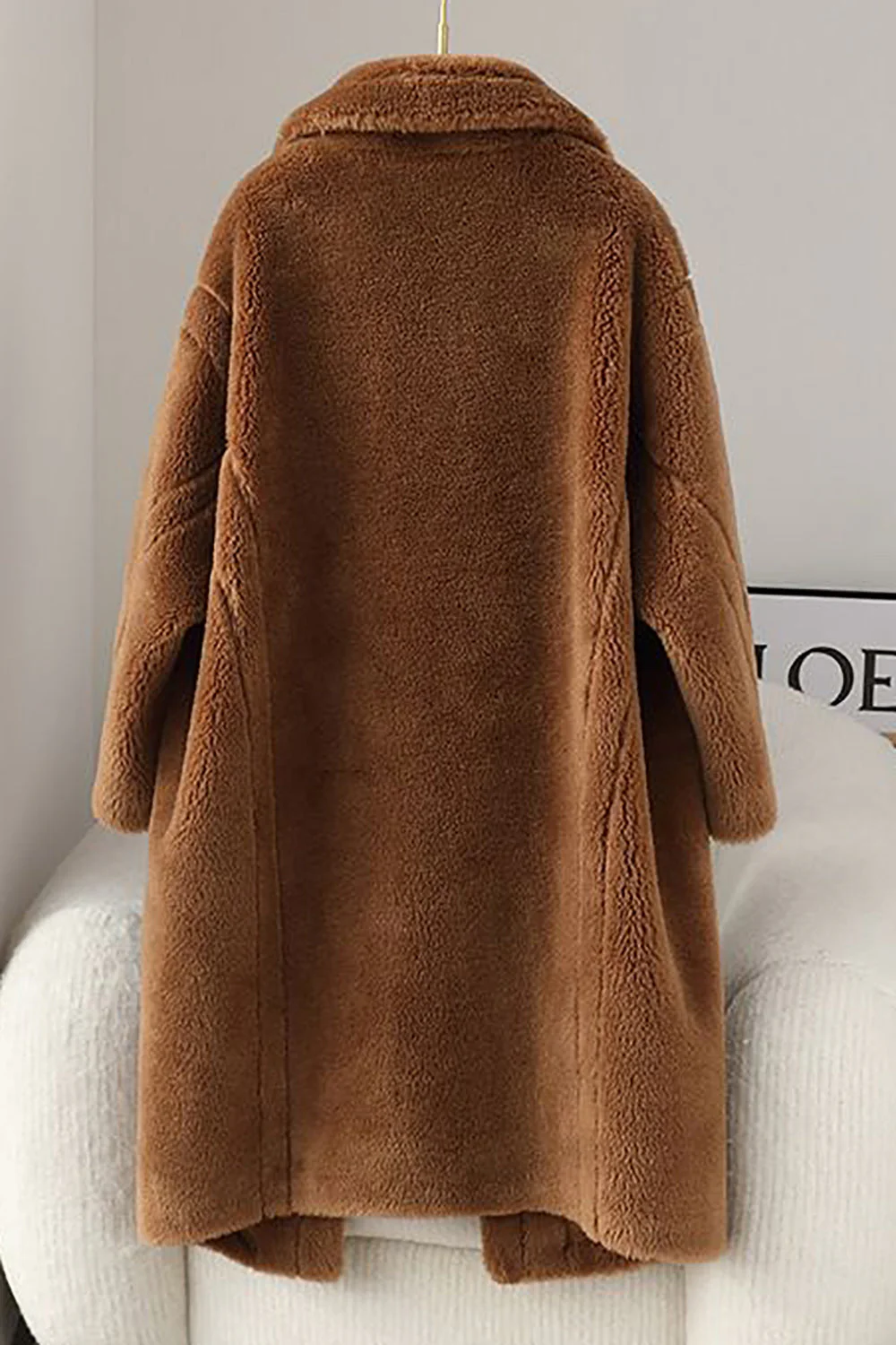 Manteau long en laine teddy marron à revers entonné - Image 3