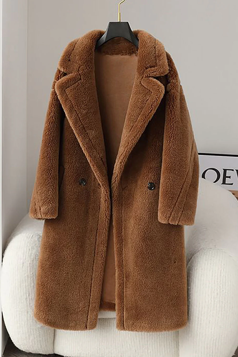 Manteau long en laine teddy marron à revers entonné - Image 4