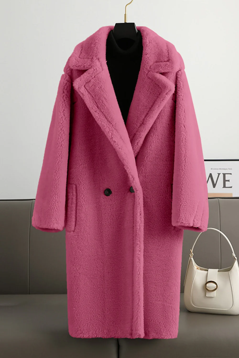 Manteau long en laine teddy marron à revers entonné - Image 7