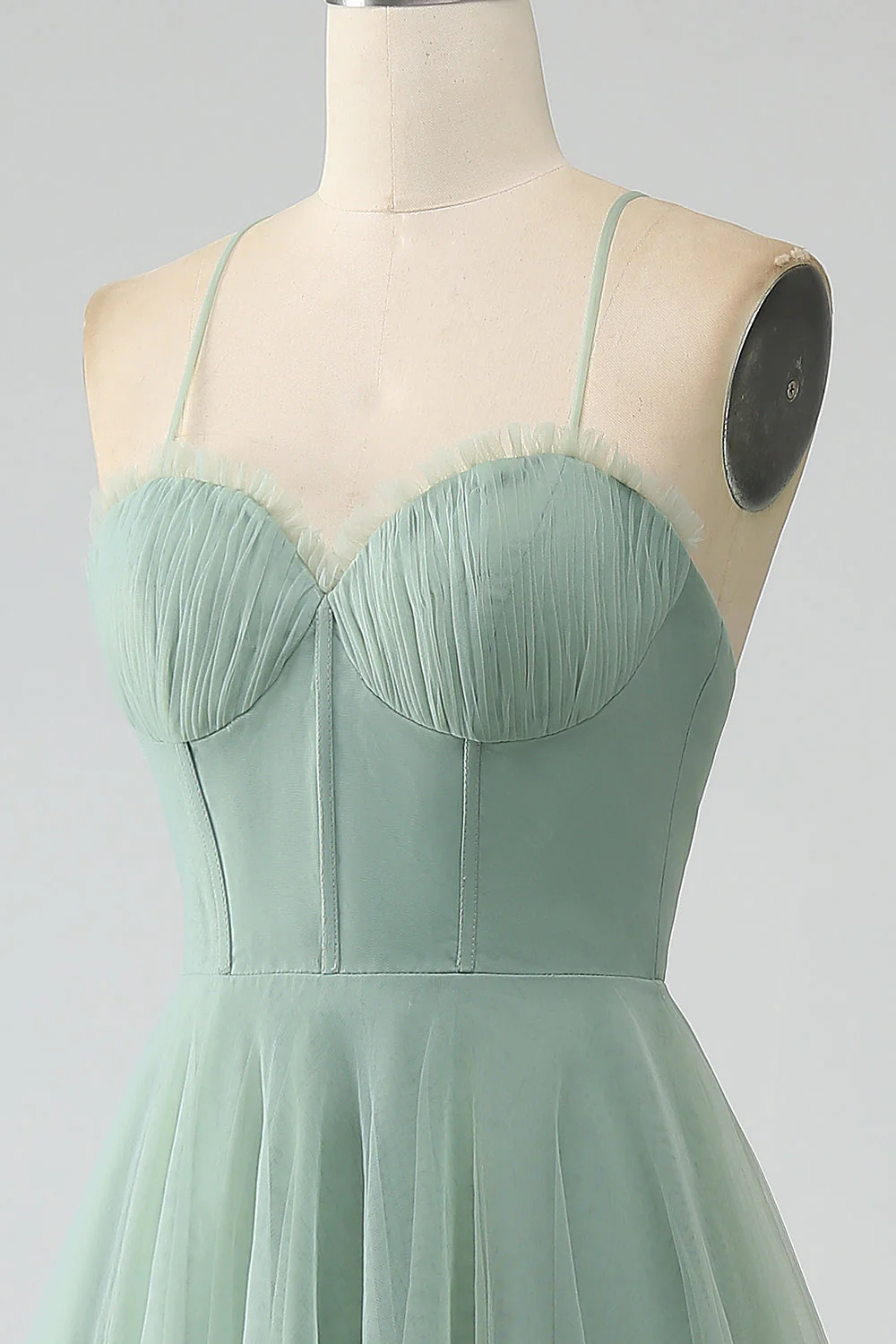 Robe de demoiselle dhonneur longue matcha coupe A à bretelles spaghetti corsage en tulle - Image 8