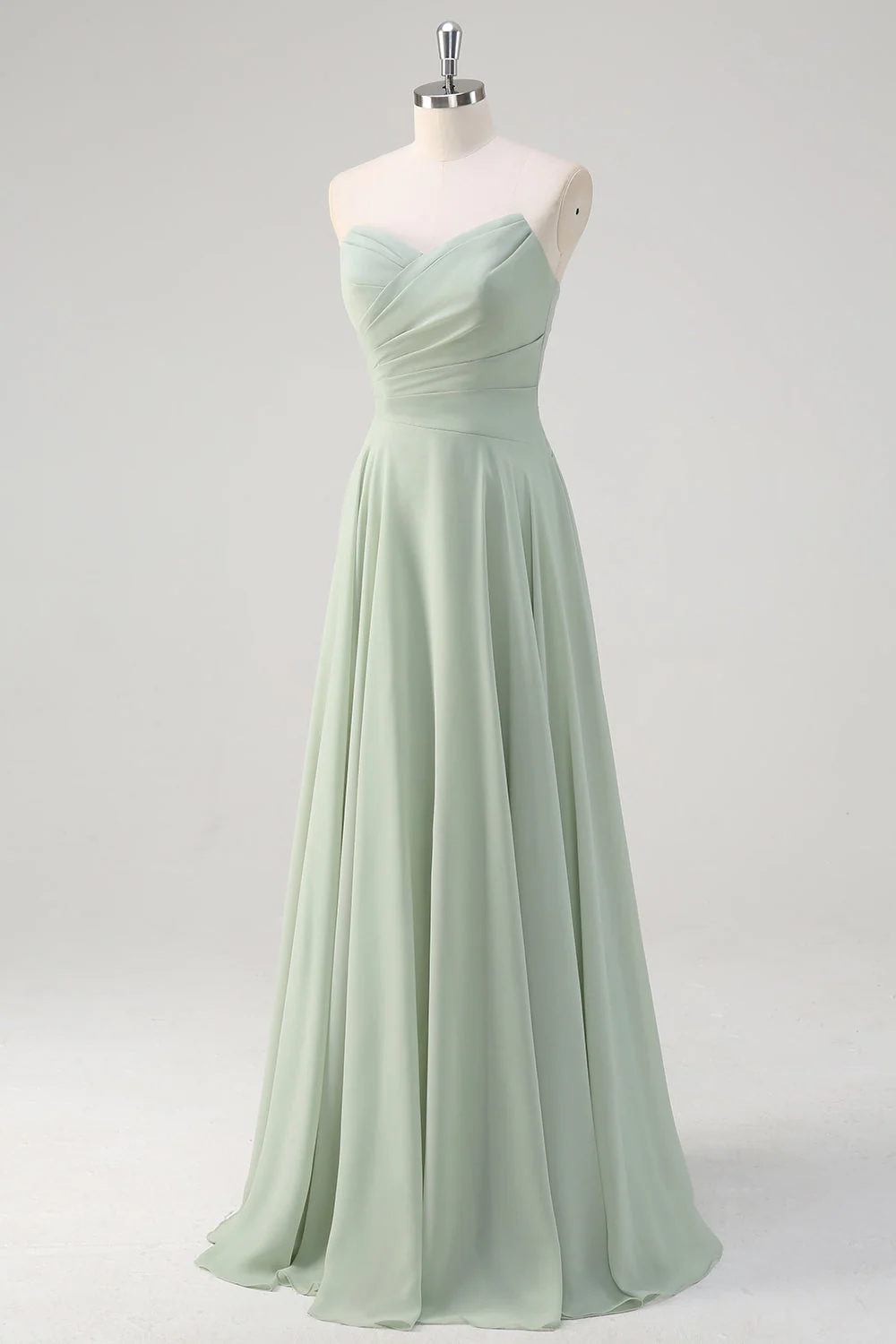 Robe de demoiselle d'honneur longue en mousseline de soie matcha ligne A bustier sans bretelles ruché - Image 3