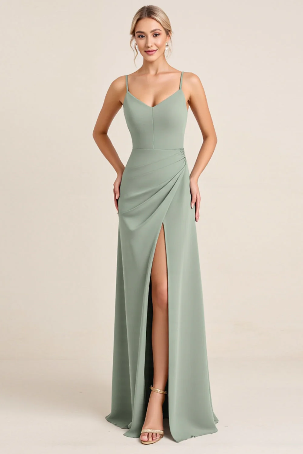 Matcha gaine longue spaghetti bretelles robe de demoiselle d’honneur avec fente