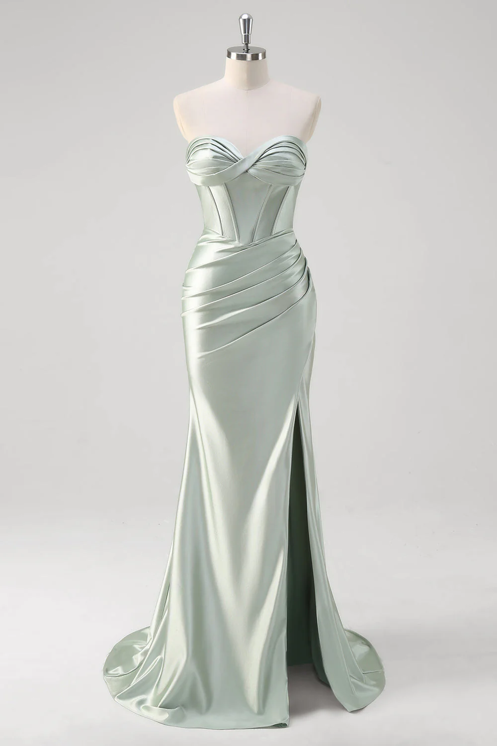 Matcha Sirène Sweetheart Satin Ruché Robe de Bal Corset Long avec Fente