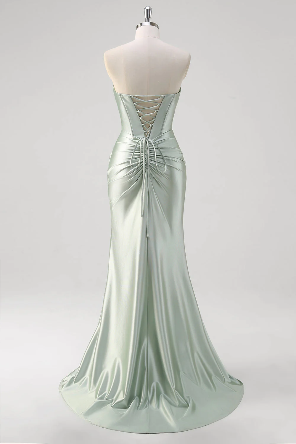 Matcha Sirène Sweetheart Satin Ruché Robe de Bal Corset Long avec Fente - Image 2