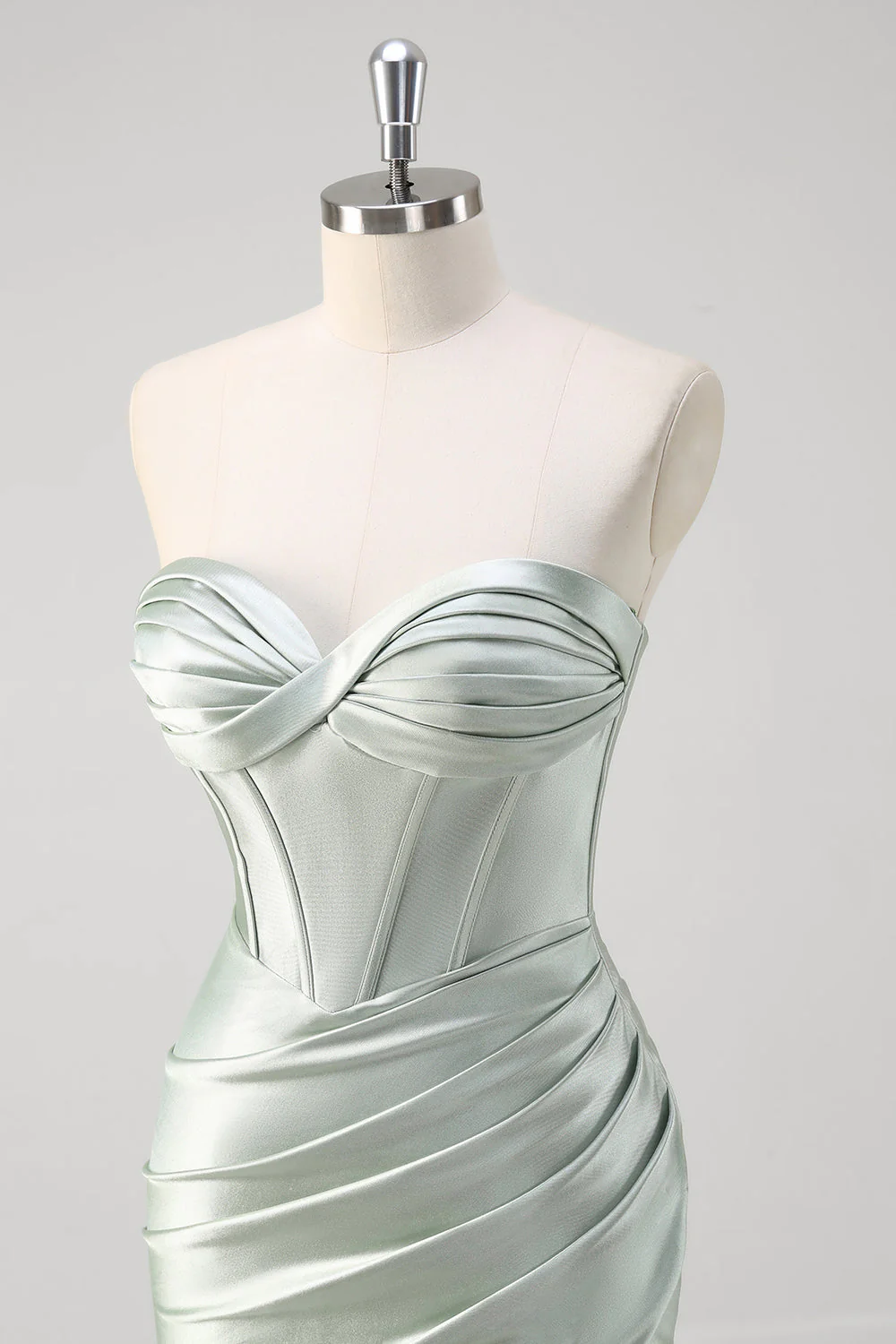 Matcha Sirène Sweetheart Satin Ruché Robe de Bal Corset Long avec Fente - Image 6