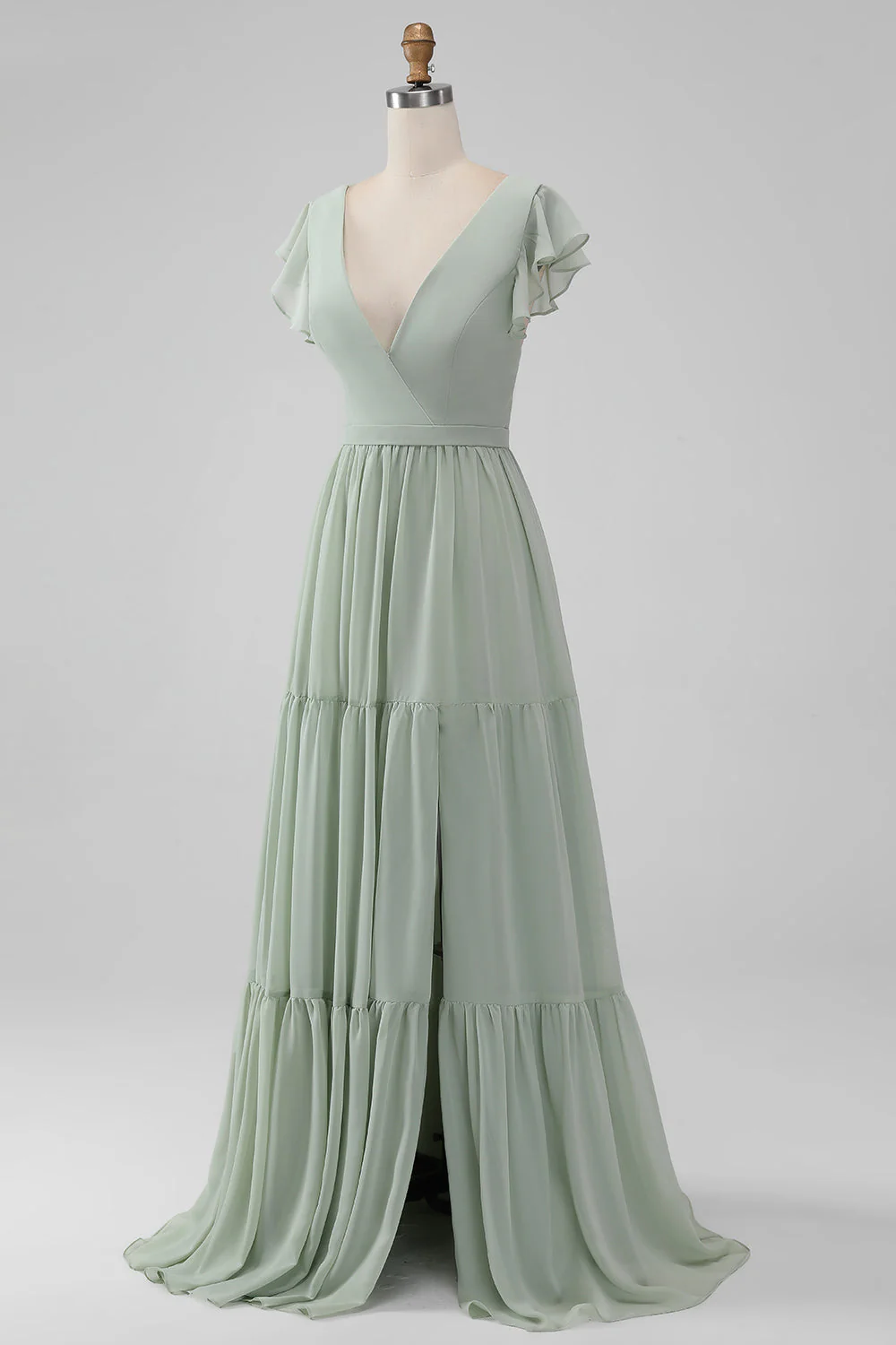 Matcha V Neck A Ligne Robe De Demoiselle D’honneur En Mousseline De Soie Avec Fente - Image 3