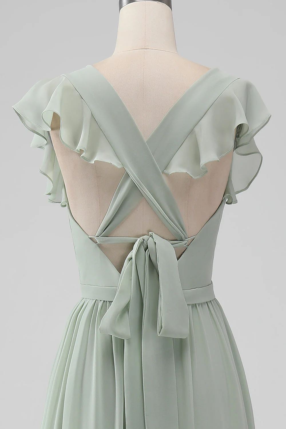 Matcha V Neck A Ligne Robe De Demoiselle D’honneur En Mousseline De Soie Avec Fente - Image 5